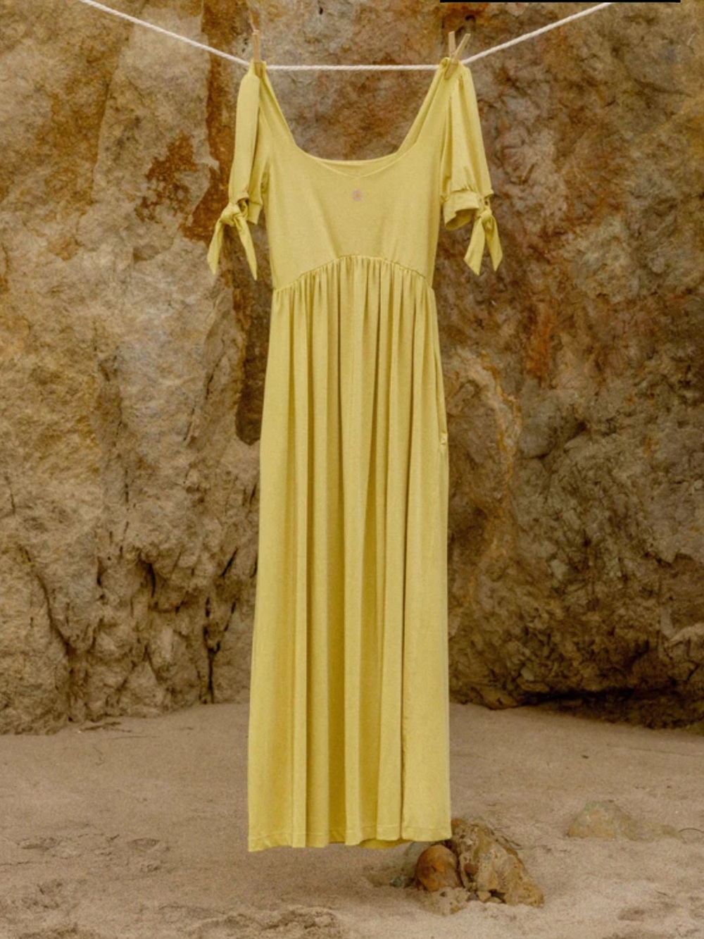 Purusha People Daisy Marguerite Mustard Yellow Maxi Dress Tie Sleeves